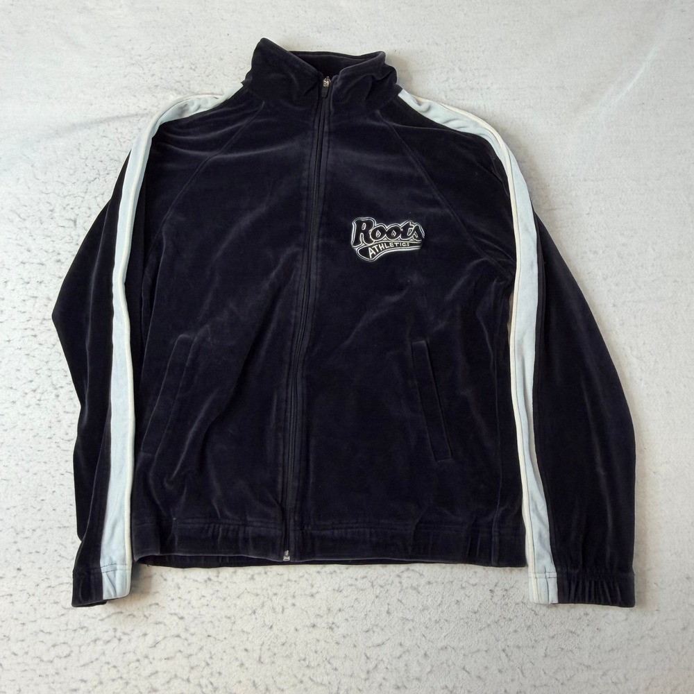 Roots Track Jacket Mens Medium Navy Blue Velour Full Zip Striped Athletics